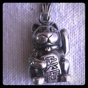 Maneki-neko waving cat sterling silver pendant